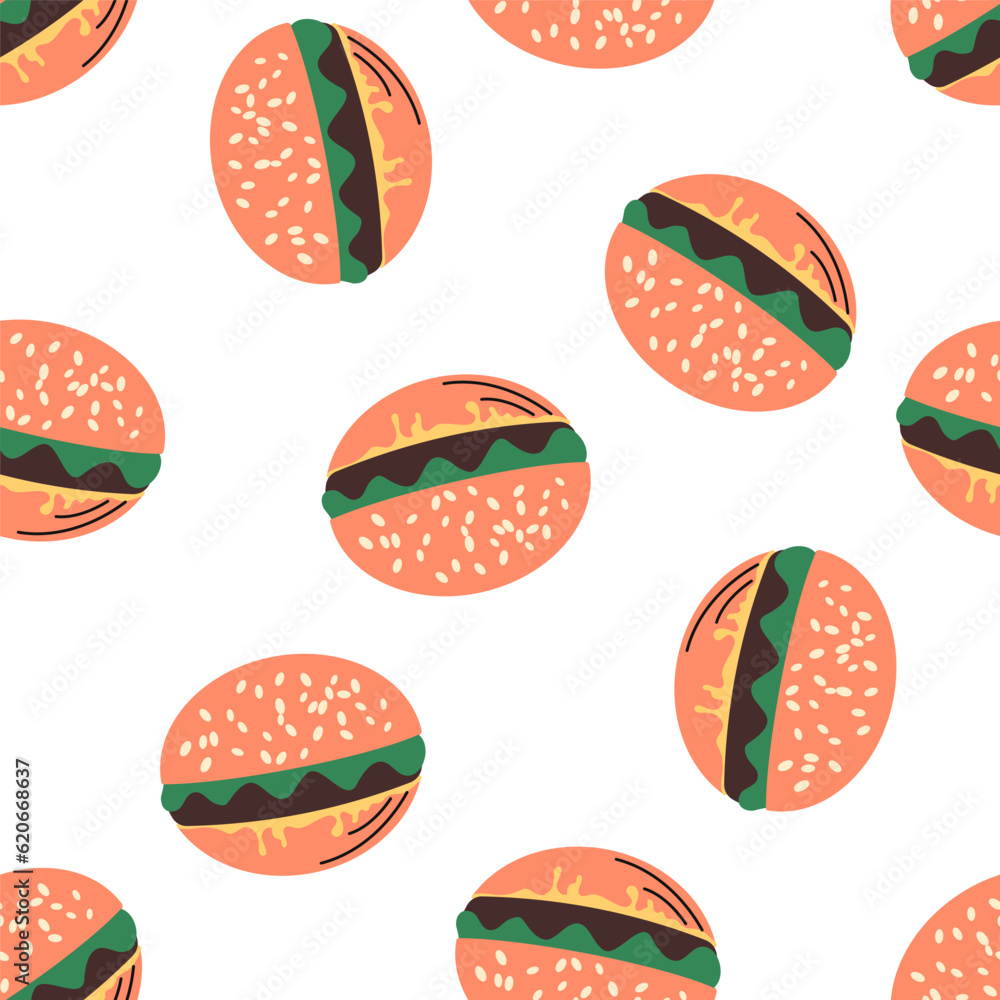Naklejka premium Burger doodle seamless pattern. Bun, salad, beef, cheese. Hamburger, fast food print. Vector illustration isolated on white background