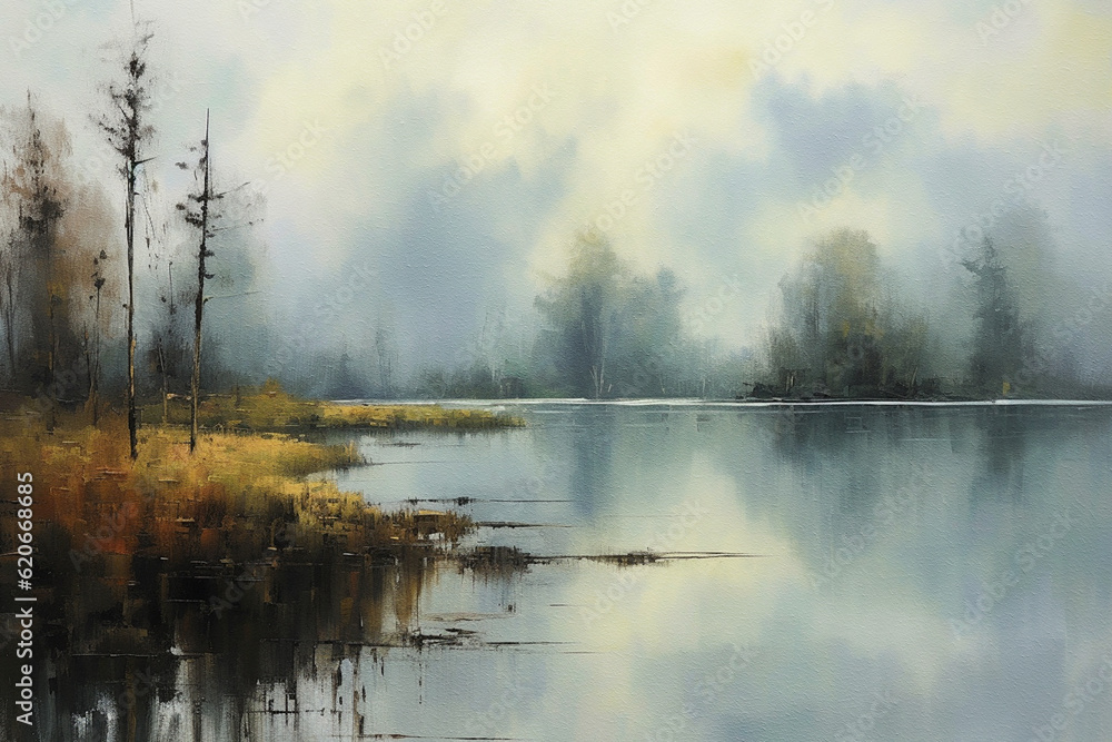 Fototapeta premium Misty Enchantment: Abstract Symphony of Forest and Lake - Oil Painting's Ethereal Reverie