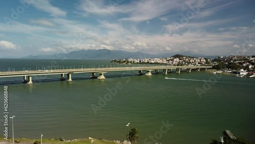 Aerial drone view of Hercilio luz bridge with car traffic.