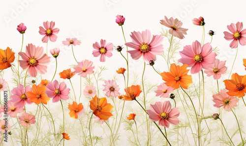  a field of pink and orange flowers on a white background. generative ai