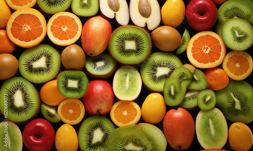  a pile of fruit with kiwis  oranges  and apples.  generative ai