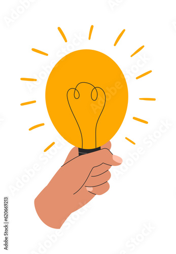 Creative idea concept hand holding bulb with rays of light. Problem solution, innovation concept, success, logo template. Vector illustration isolated on white background