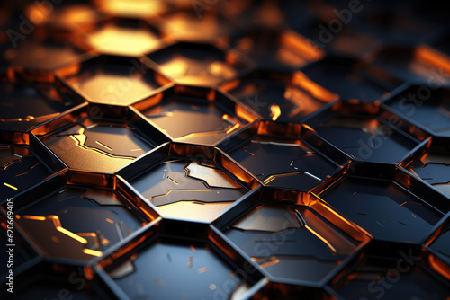 Abstract metal background with hexagonal patterns and a play of light. Generative Ai, Ai.