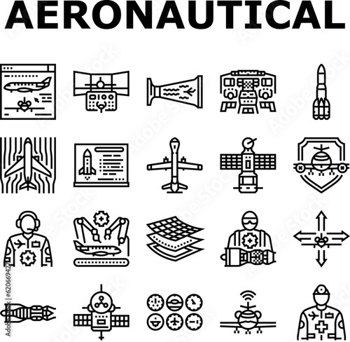 aeronautical engineer aircraft icons set vector. transportation aviation, plane mechanical, engine industry, mechanic turbine aeronautical engineer aircraft black contour illustrations