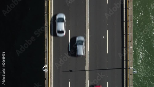 Aerial drone view of Hercilio luz bridge with car traffic.