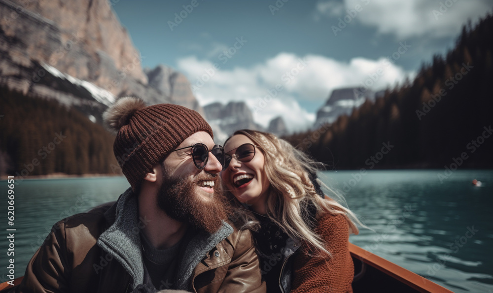 freudig lachendes Paar im Boot auf dem Bergsee, generative AI