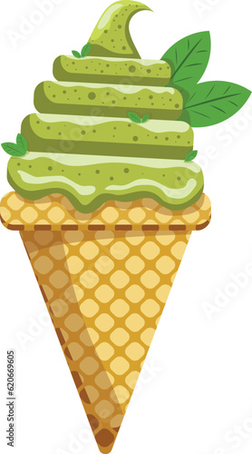 Vector illustration delicious colorful ice cream waffle cone. Icecream greentea scoops waffle cone. on white background. Idea for poster, product, t-shirt. Vector icon ice cream cone.
