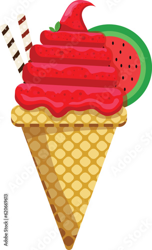 Vector illustration delicious colorful ice cream waffle cone. Icecream watermelon scoops waffle cone. on white background. Idea for poster, product, t-shirt. Vector icon ice cream cone.