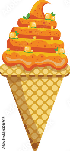 Vector illustration delicious colorful ice cream waffle cone. Icecream mango scoops waffle cone. on white background. Idea for poster, product, t-shirt. Vector icon ice cream cone.