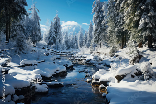 Serene alpine path through a snowy forest  creating a winter wonderland atmosphere. Generative Ai  Ai.