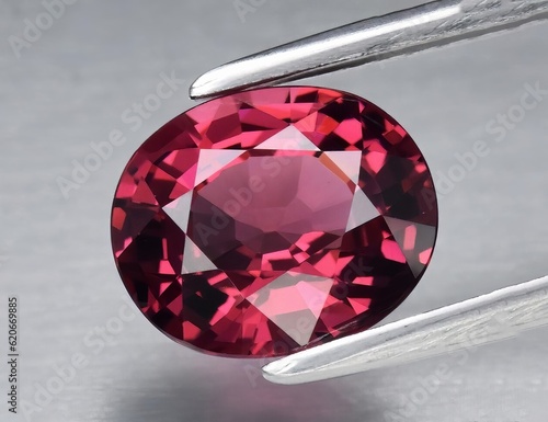 Foto Natural gemstone red rhodolite garnet on gray background