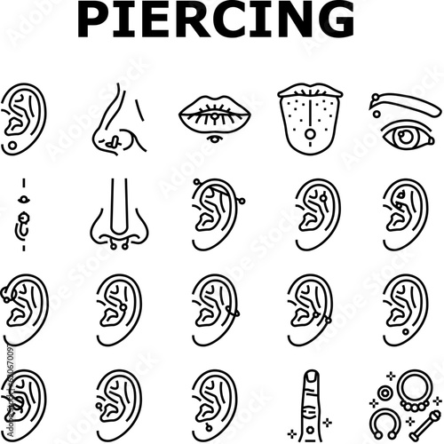 piercing fashion beauty earring icons set vector. body pierced, face style, pierce jewelry, metal ear, nose female, ring metallic piercing fashion beauty earring black contour illustrations