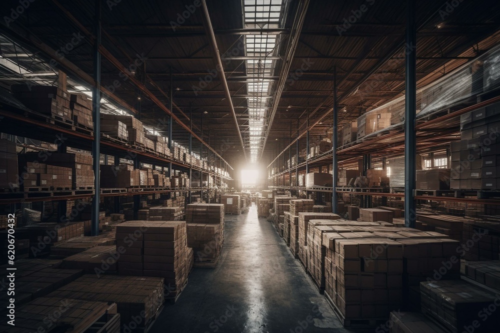 A warehouse packed with goods and reaching high into the air. Generative AI