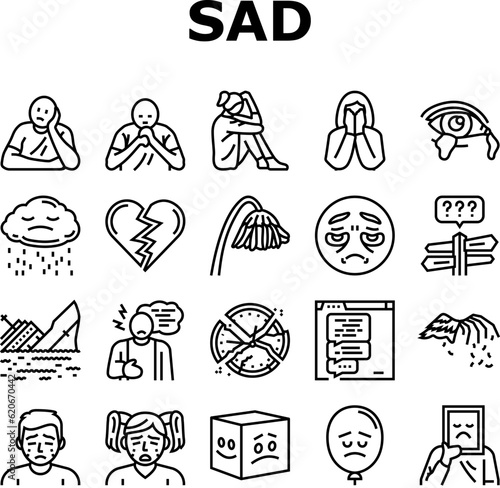 sad mood emotion face icons set vector. expression unhappy  people woman  girl angry  female emoticon  bad negative sad mood emotion face black contour illustrations