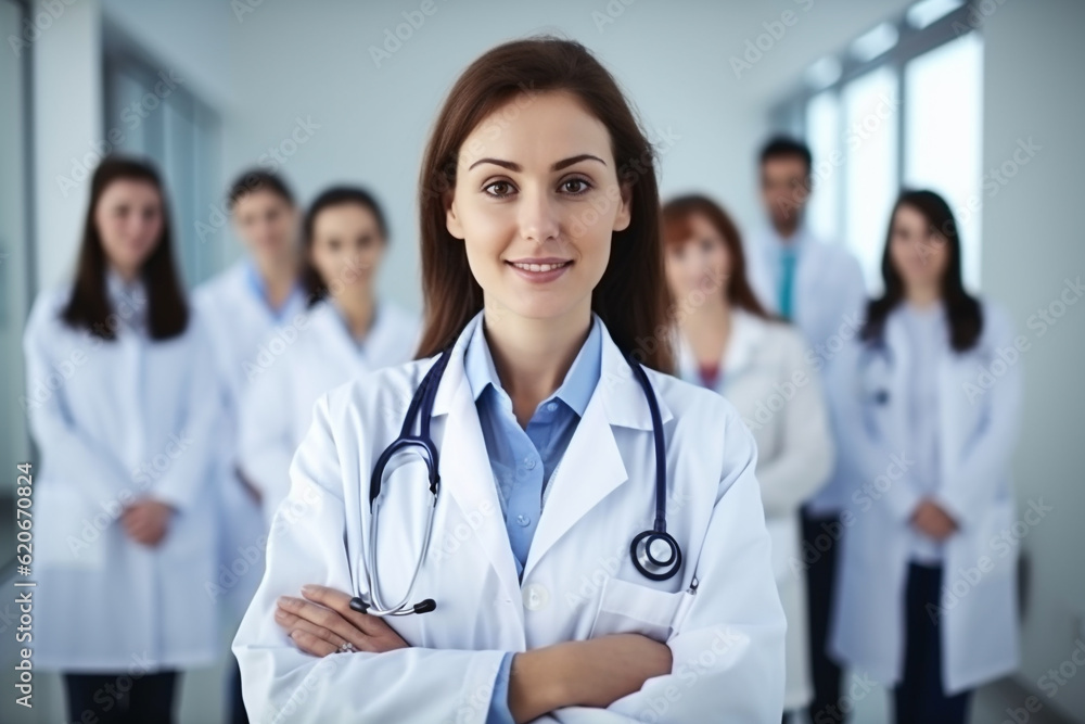 Young female doctor smiling while standing in a hospital corridor with a diverse group of staff in the background, Created using generative AI tools. Young female doctor smiling while standing in a hospital corridor with a diverse group of staff in the background, Created using generative AI tools.