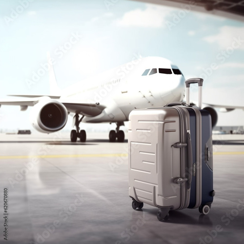 Suitcases in airport departure lounge, airplane in background, summer vacation concept, traveler suitcases in airport terminal waiting area, Created using generative AI tools.