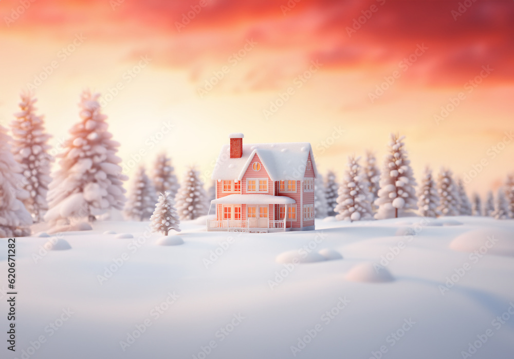 Naklejka premium a red tiny house in the snow