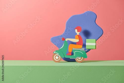 Food delivery man riding a red scooter craft and paper art style