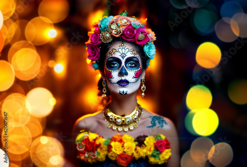 Mujer catrina en dia de muertos celebracion tradicional folklor mexicano hispanidad catrina calaverita de azucar photo