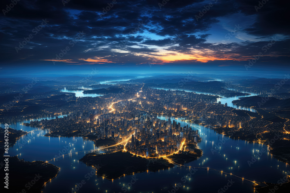 Obraz premium Mesmerizing view of planet Earth from space during nighttime, offering a glimpse into the vastness of astronomy and distant galaxies. Generative Ai.