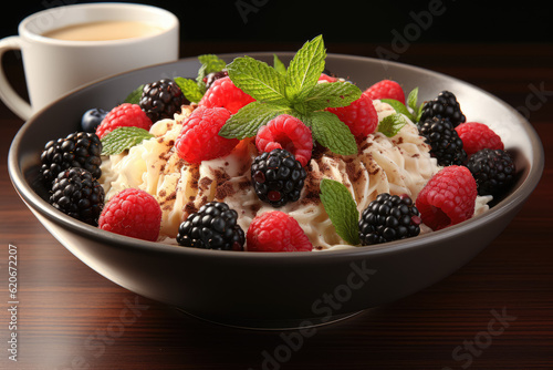 Delectable and nutritious breakfast consisting of oatmeal topped with an assortment of berries and fruits. Generative Ai.