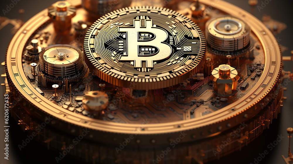 Bitcoin Futuristic concept of mining cryptocurrency. Blockchain 