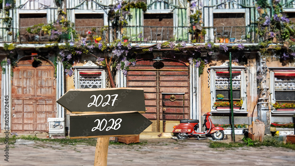 Obraz premium Signposts the direct way to 2028 versus 2027