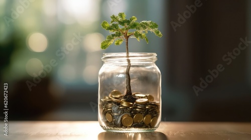 Plant Growing In Savings Coins - Investment And Interest Concept. Tree Growing On Coins