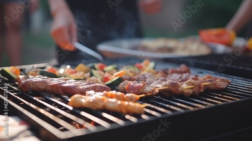 Young men roasting barbecue on grill in cottage countryside. Unrecognizable man cooking on a barbecue grill in the backyard. Barbecue scene set up a classic 4th of July barbecue. Generative AI