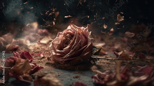 Dried pink rose fell on the floor it shattered into pieces and made chaos Beautiful close up abstract rose exploding.