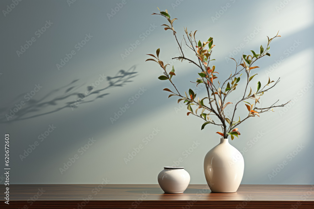 Vase holding a plant, placed on a table against a blank wall, creating a simple yet elegant composition. Generative Ai. Vase holding a plant, placed on a table against a blank wall, creating a simple yet elegant composition. Generative Ai.