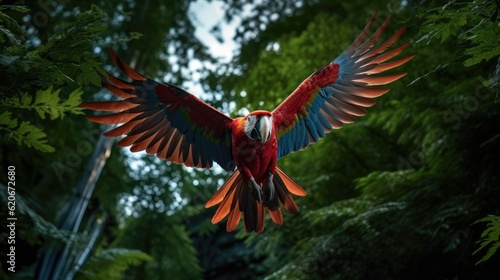 Red hybrid parrot flying in forest. Macaw parrot flying in dark green vegetation. Scarlet Macaw parrot. Generative Ai © Boris