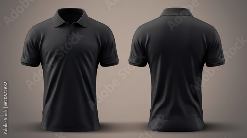 Realistic mockup of male black polo shirt, front and back. Black polo shirts with copy space