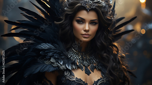 Beautiful woman in makeup and costume Fantasy  harpy or valkyrie for halloween on a black background.  photo