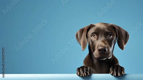 Cute brown labrador puppy sitting on blue background with copy space. Generative AI.