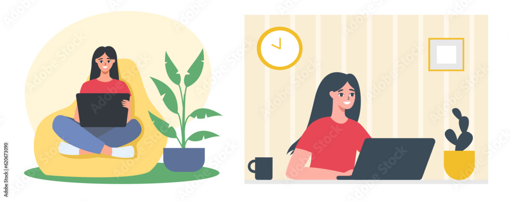 Vector collection of flat illustrations. Concepts of working from home and working on maternity leave. Happy girl working from home at her laptop. Vector illustration Vector collection of flat illustrations. Concepts of working from home and working on maternity leave. Happy girl working from home at her laptop. Vector illustration