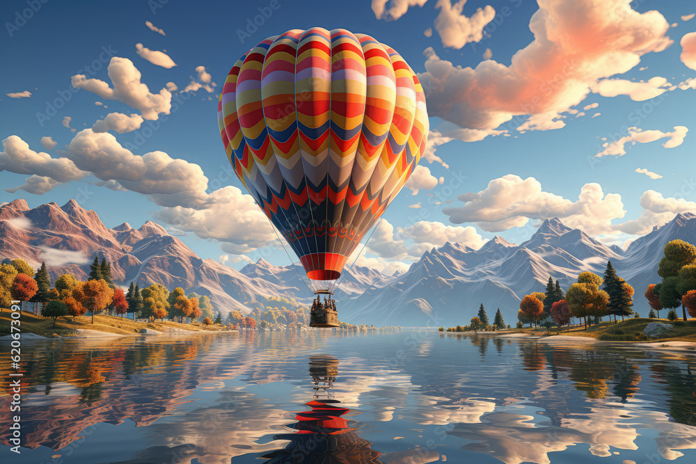 Colorful hot air balloon gracefully floating through the sky, adding a touch of whimsy and adventure. Generative Ai.