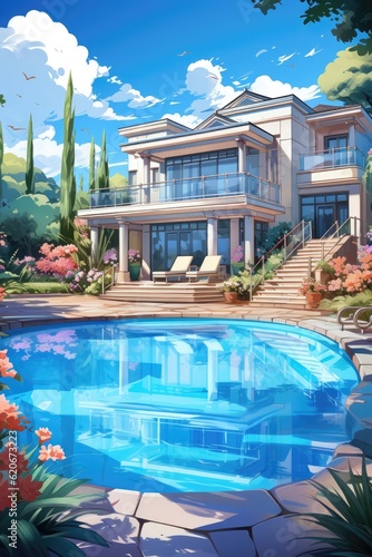 On a sunny day, a luxurious house with a pool stands. (Illustration, Generative AI) © HandmadePictures