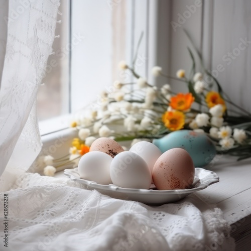 Congratulatory Easter background. Easter eggs on a white tablecloth and flowers in a vase.Generative AI