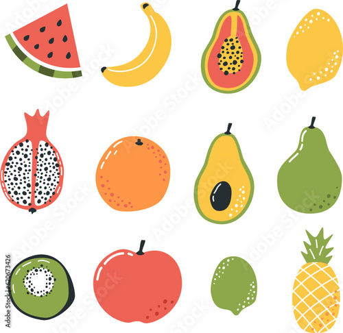 Vector set in Scandinavian style. Apple banana kiwi lemon lime kiwi watermelon orange avocado pear lime pineapple pitahaya papaya.