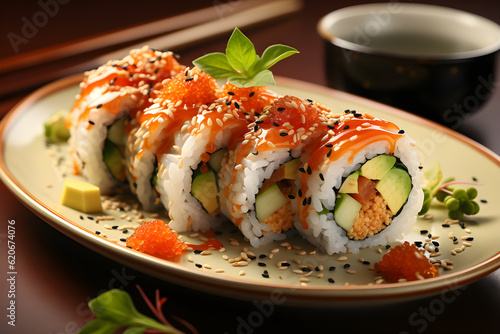 Close-up on a Sushi roll with salmon and avocado on a wooden board, selective focus. Generative AI technology