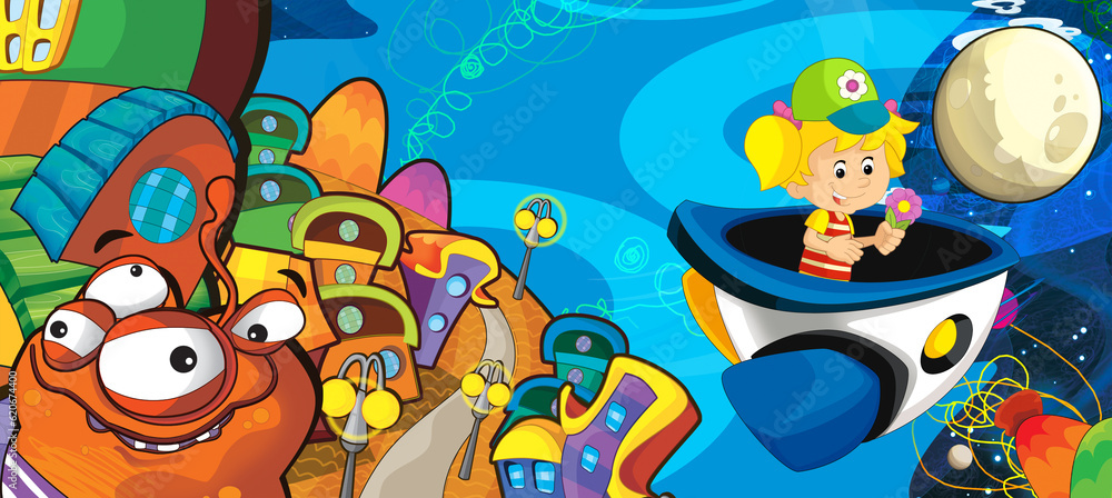 Obraz premium Cartoon funny colorful scene of cosmos galactic alien ufo isolated illustration for children