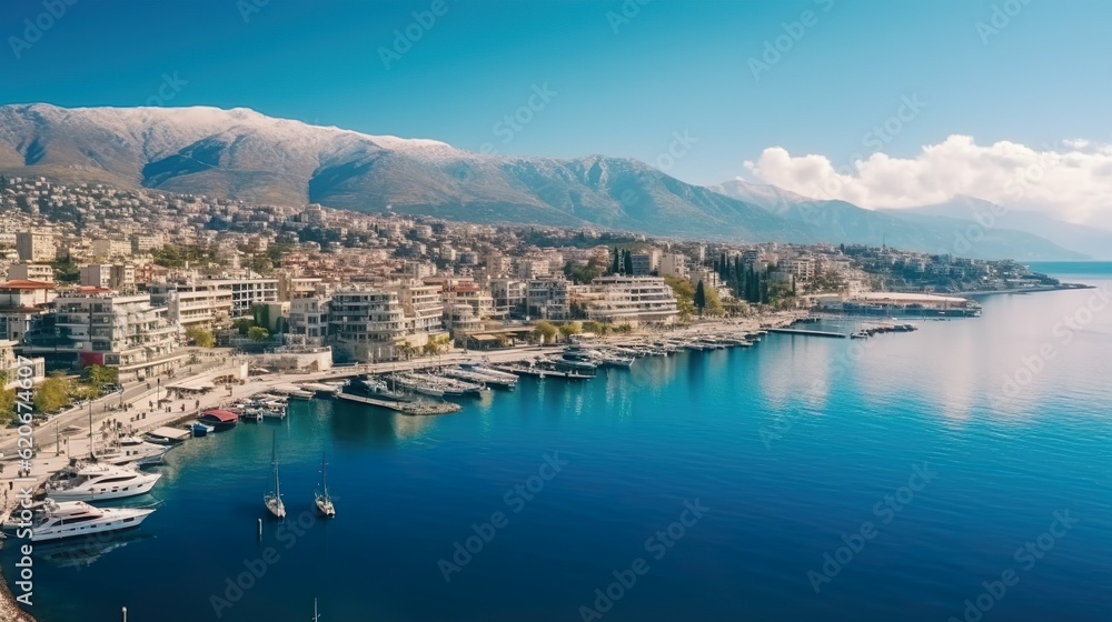 Perfect spring cityscape of Saranda port. Picturesque Ioninian seascape. Bright morning scene of Albania, Europe. Traveling