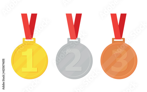 Gold, silver and bronze medals with red ribbon flat vector icons for sports apps and websites