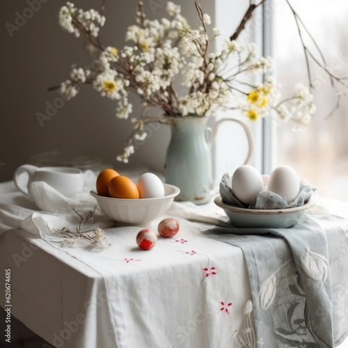 Congratulatory Easter background. Easter eggs on a white tablecloth and flowers in a vase.Generative AI