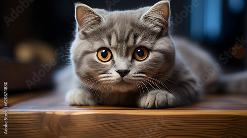 Photograph of an adorable cat sitting living room background with Generative AI © visuallabel