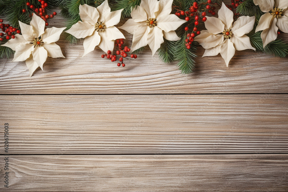 Top View of Christmas Decorations over Light Wooden Table - Created with Generative AI Tools Top View of Christmas Decorations over Light Wooden Table - Created with Generative AI Tools