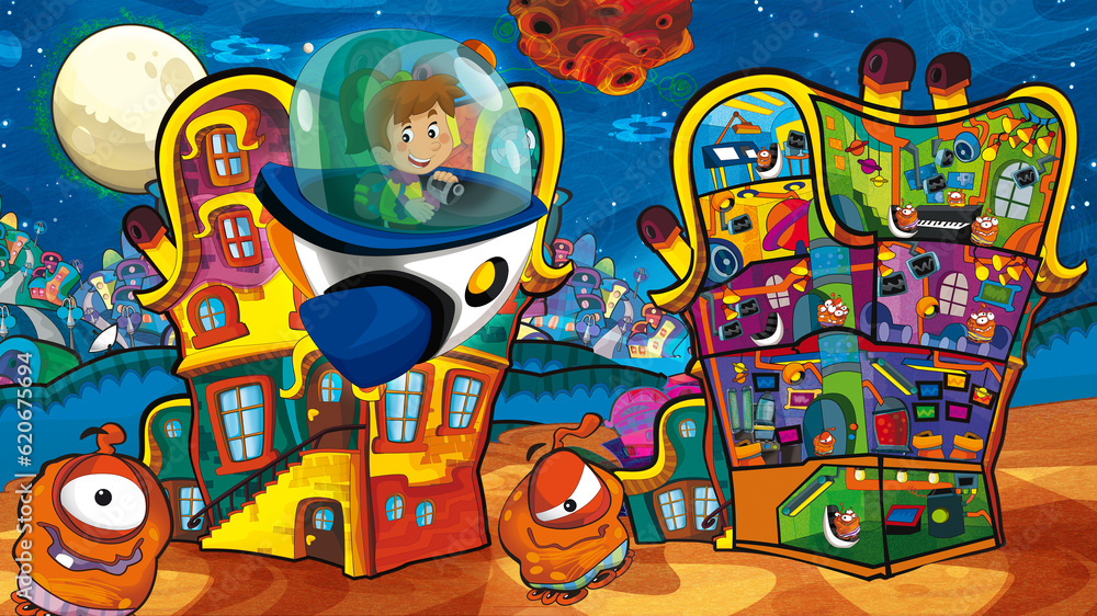 Cartoon funny colorful scene of cosmos galactic alien ufo isolated illustration for children Cartoon funny colorful scene of cosmos galactic alien ufo isolated illustration for children