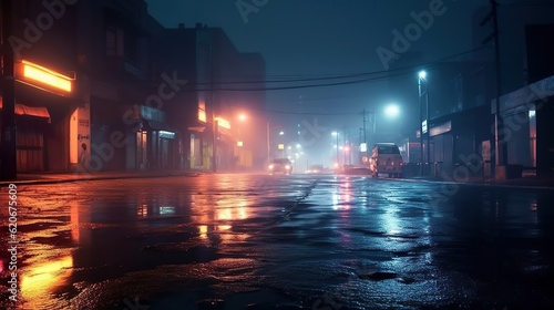 Foto Multi-colored neon lights on a dark city street, reflection of neon light in puddles and water