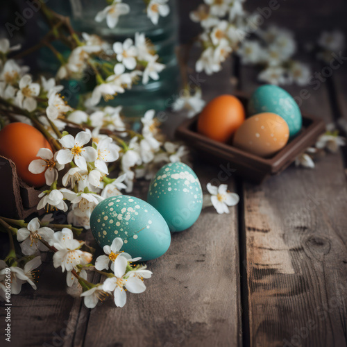 Congratulatory Easter background. Easter eggs on a wooden table and flowers.Generative AI